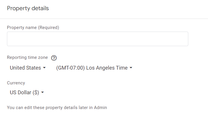 website name, time zone, currency - in google analytics 4 integration